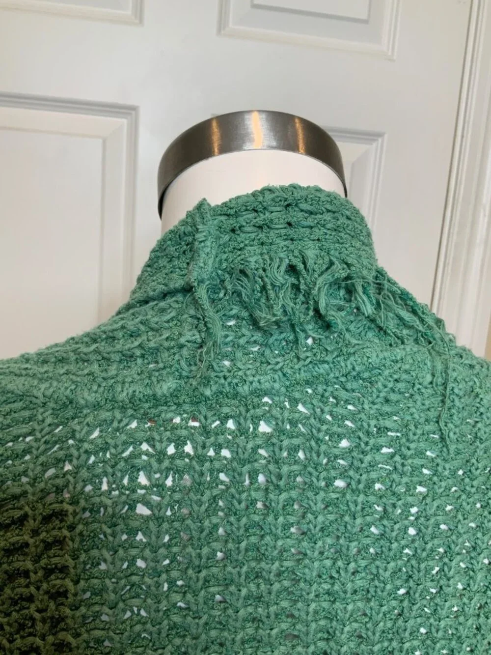 Free People Seafoam Green Open Front Chunky Knit Fringe Cardigan, Size S